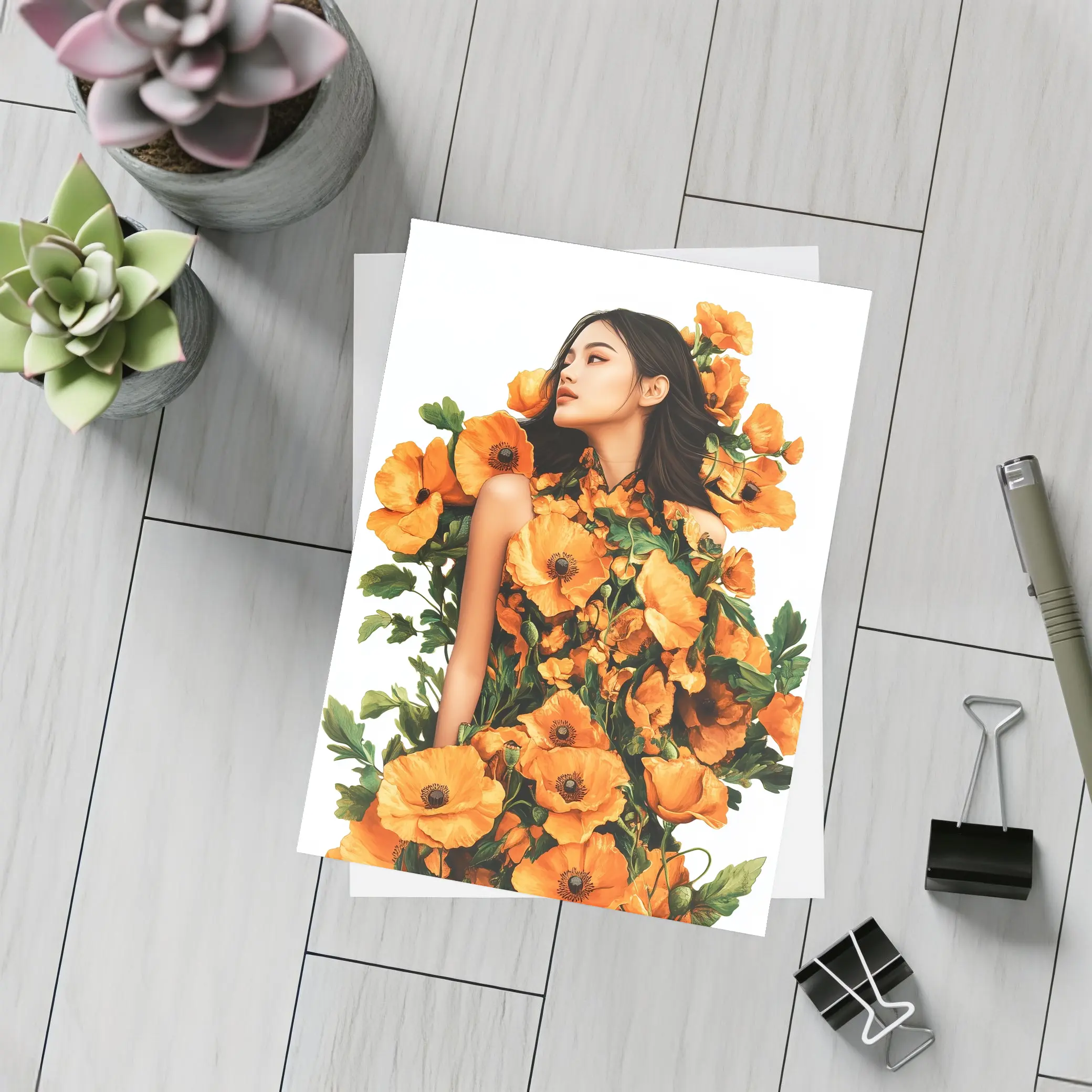 Woman Surrounded by Orange Poppies Floral Art – Postcards