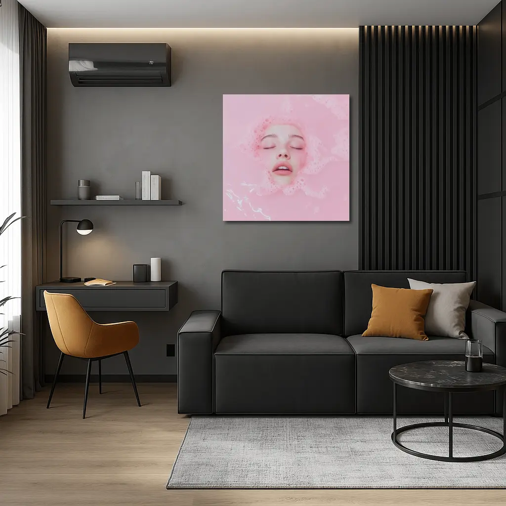 Woman Face Submerged Pink Bubble Bath – Wall Art
