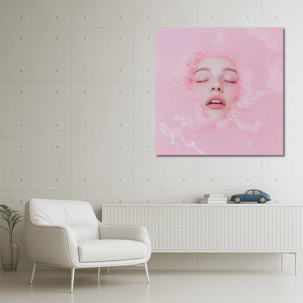 Woman Face Submerged Pink Bubble Bath – Wall Art