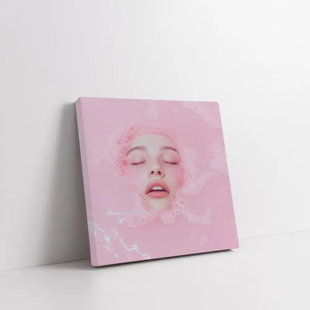 Woman Face Submerged Pink Bubble Bath – Wall Art