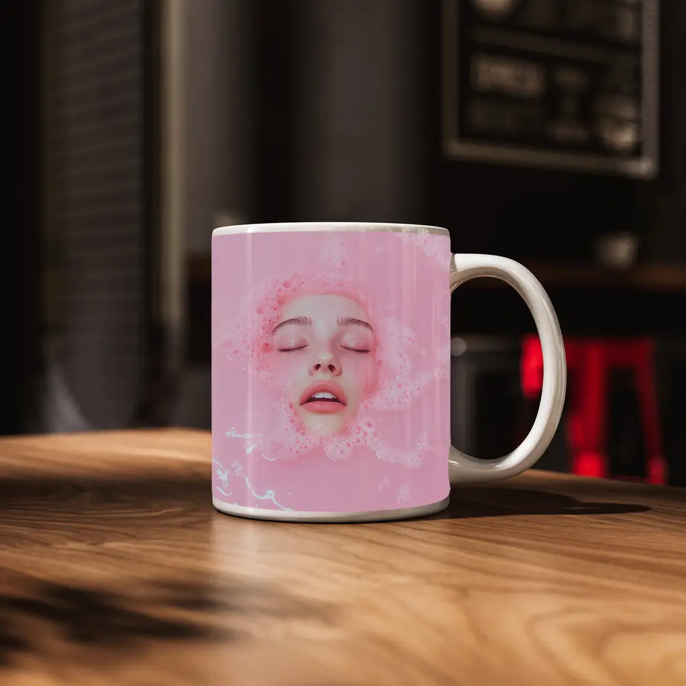 Woman Face Submerged Pink Bubble Bath – Mugs