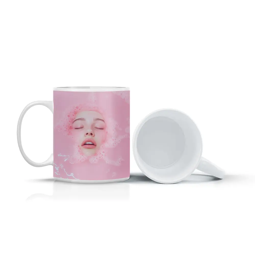 Woman Face Submerged Pink Bubble Bath – Mugs