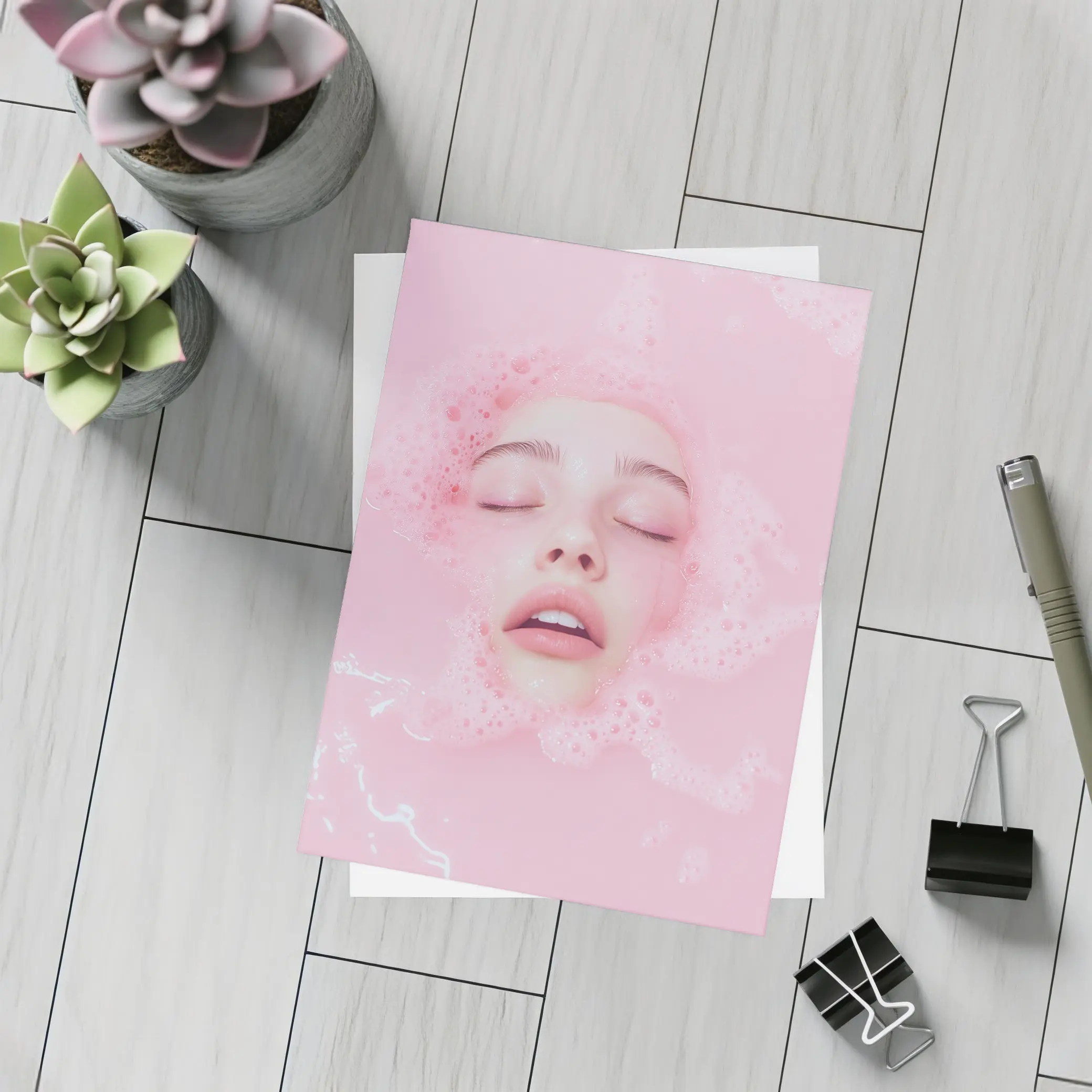 Woman Face Submerged Pink Bubble Bath – Postcards