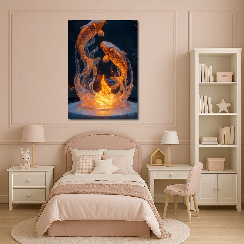 Koi Fish Fire Ice Sculpture Dark Background – Wall Art