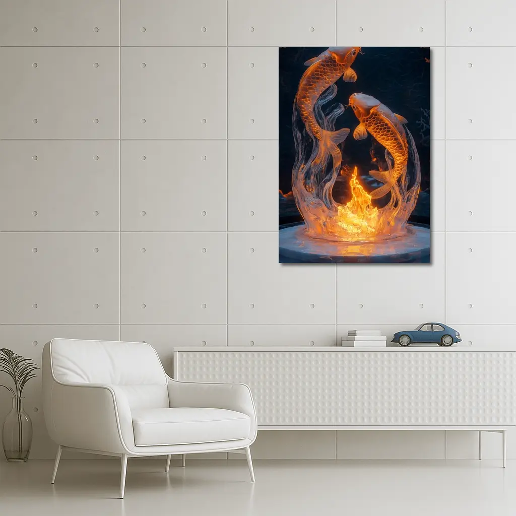 Koi Fish Fire Ice Sculpture Dark Background – Wall Art