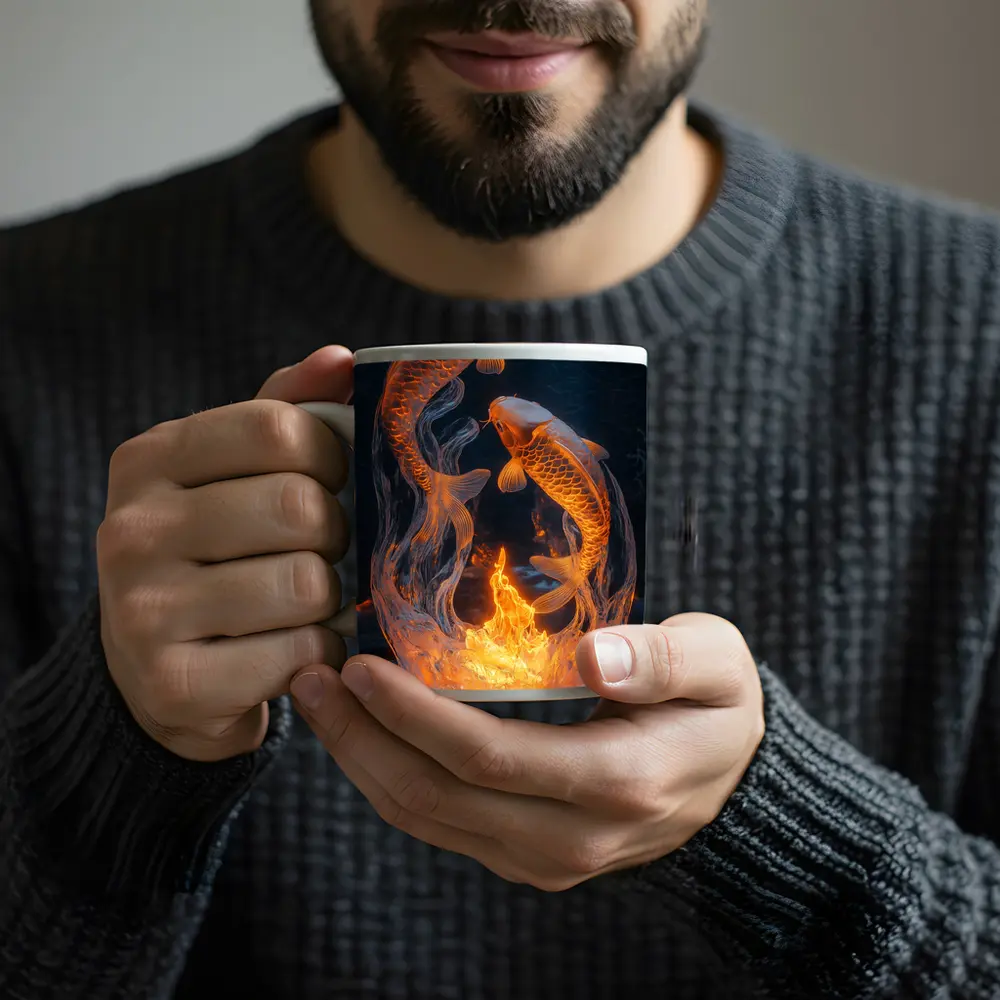 Koi Fish Fire Ice Sculpture Dark Background – Mugs