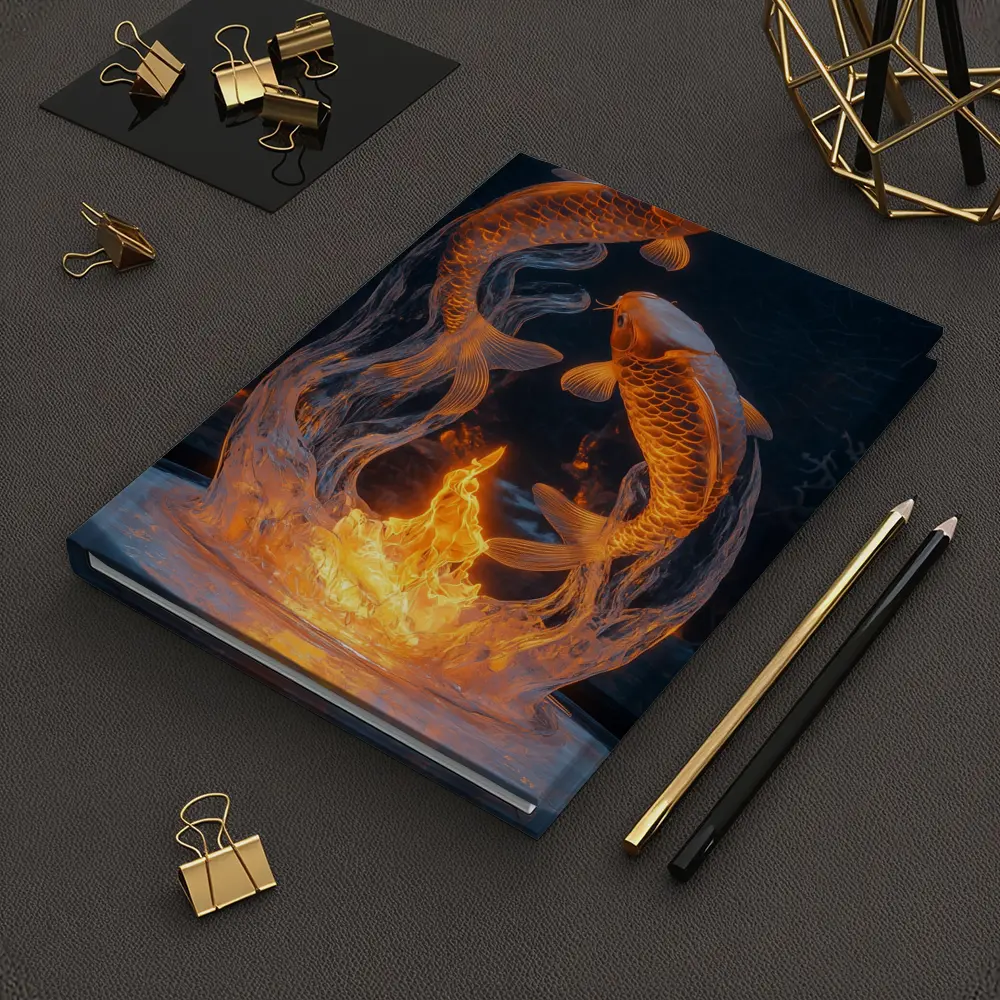Koi Fish Fire Ice Sculpture Dark Background – Notebooks