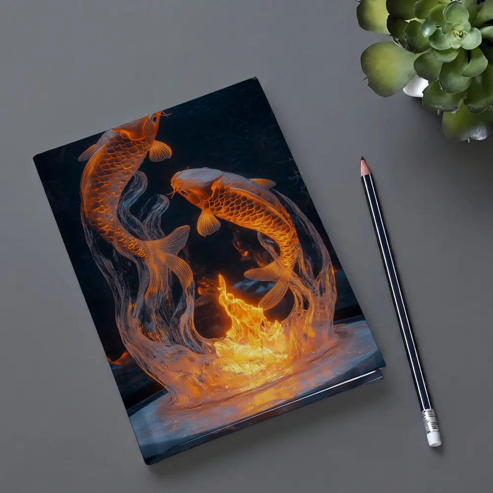 Koi Fish Fire Ice Sculpture Dark Background – Notebooks