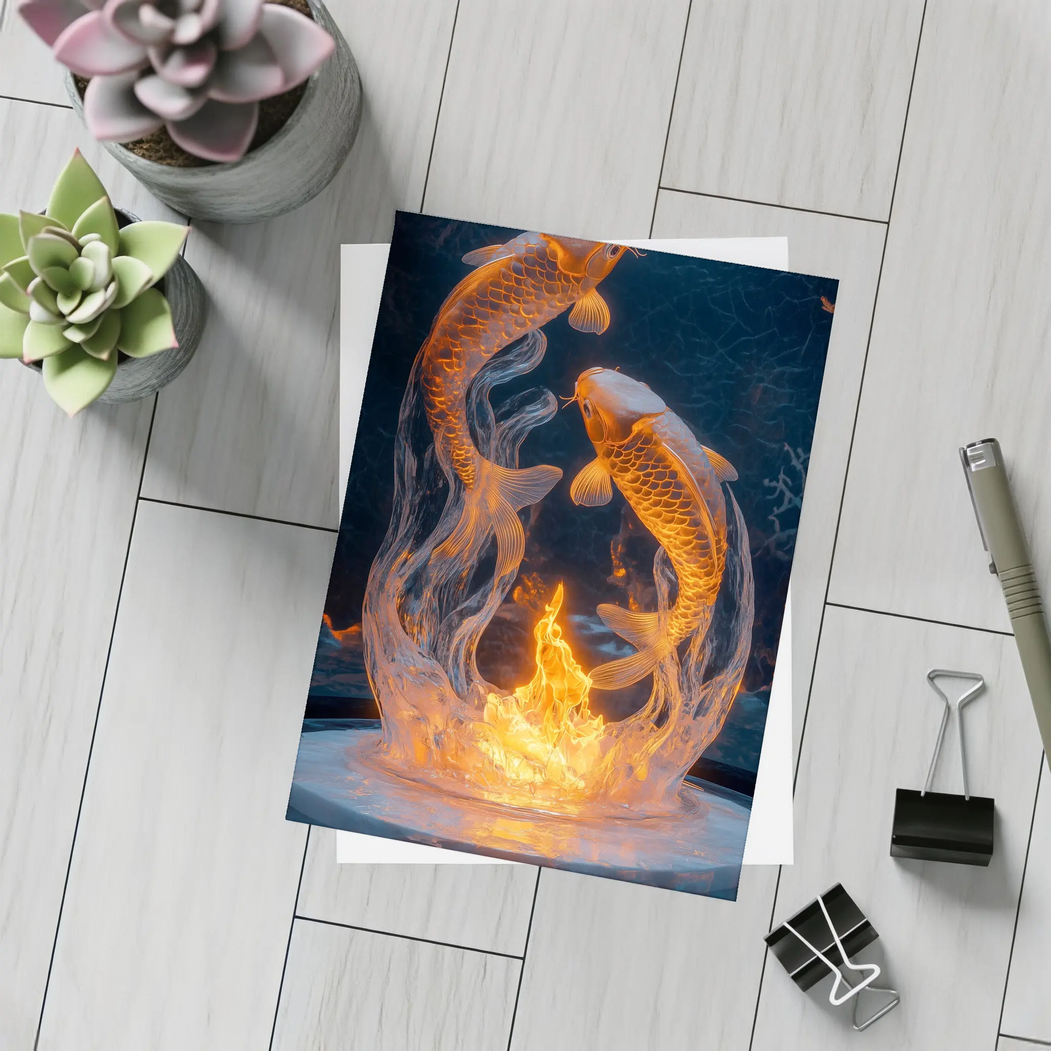 Koi Fish Fire Ice Sculpture Dark Background – Postcards