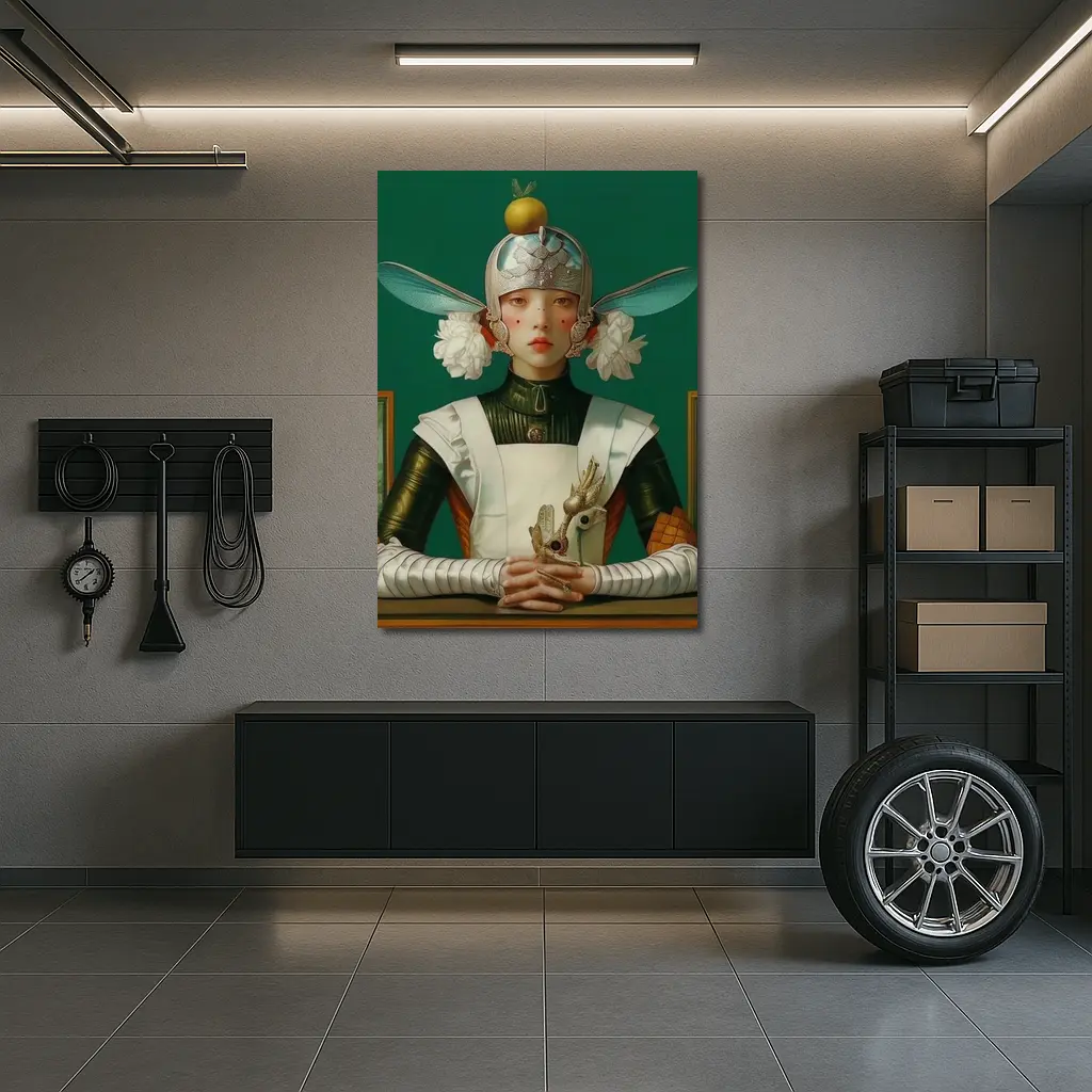 Fantasy Girl Dragonfly Helmet Green Background – Wall Art