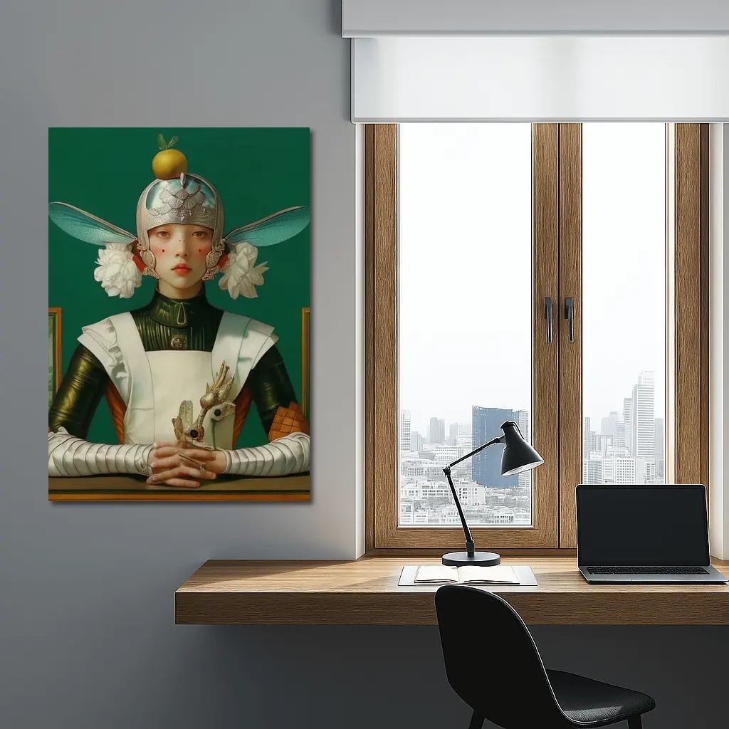 Fantasy Girl Dragonfly Helmet Green Background – Wall Art