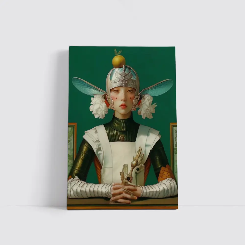 Fantasy Girl Dragonfly Helmet Green Background – Wall Art