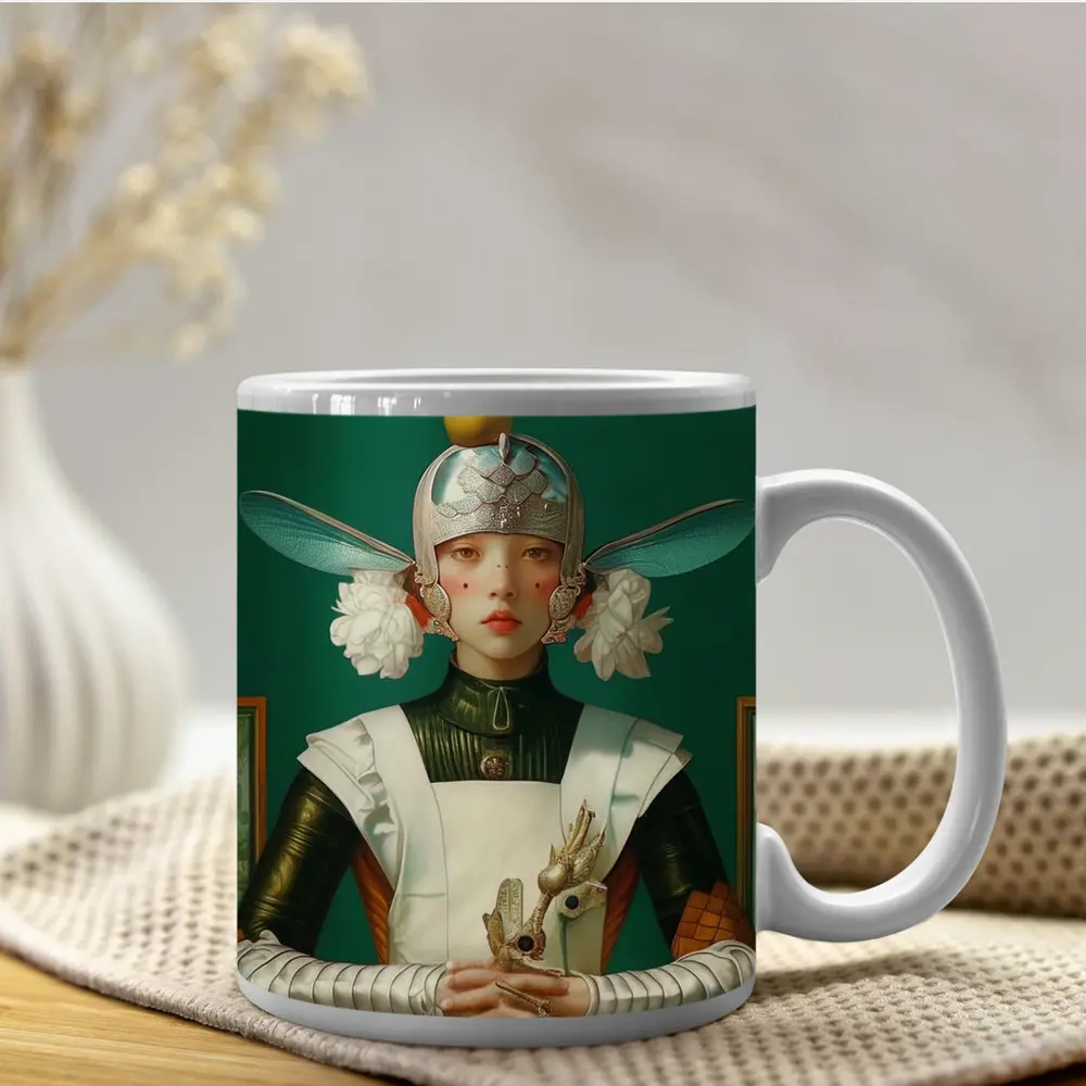 Fantasy Girl Dragonfly Helmet Green Background – Mugs