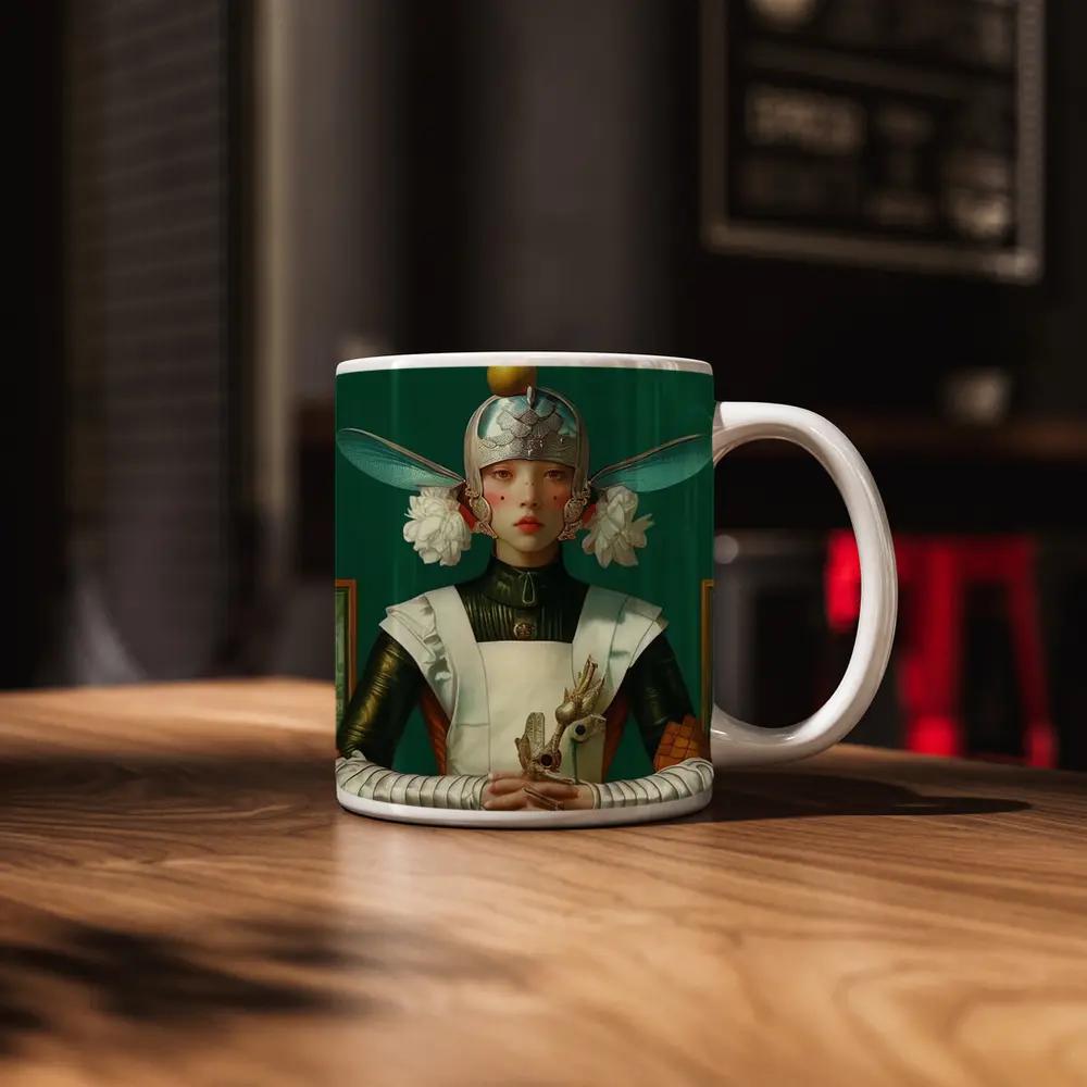 Fantasy Girl Dragonfly Helmet Green Background – Mugs