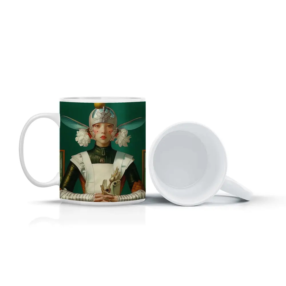 Fantasy Girl Dragonfly Helmet Green Background – Mugs