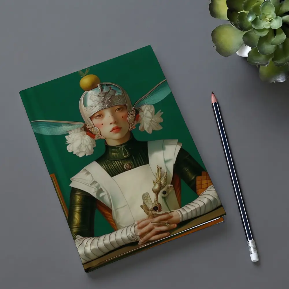 Fantasy Girl Dragonfly Helmet Green Background – Notebooks