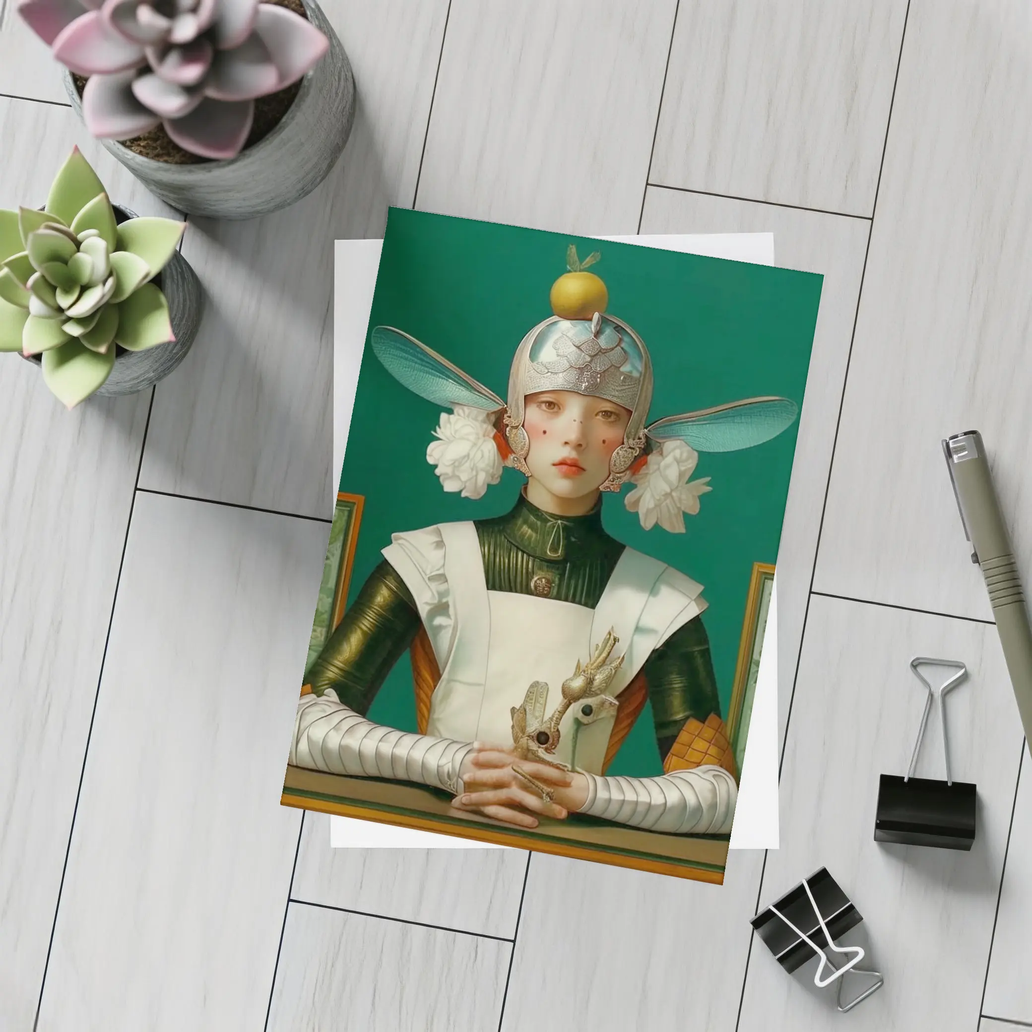 Fantasy Girl Dragonfly Helmet Green Background – Postcards