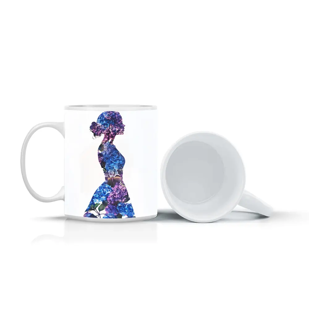Woman Silhouette Filled With Blue Hydrangeas – Mugs