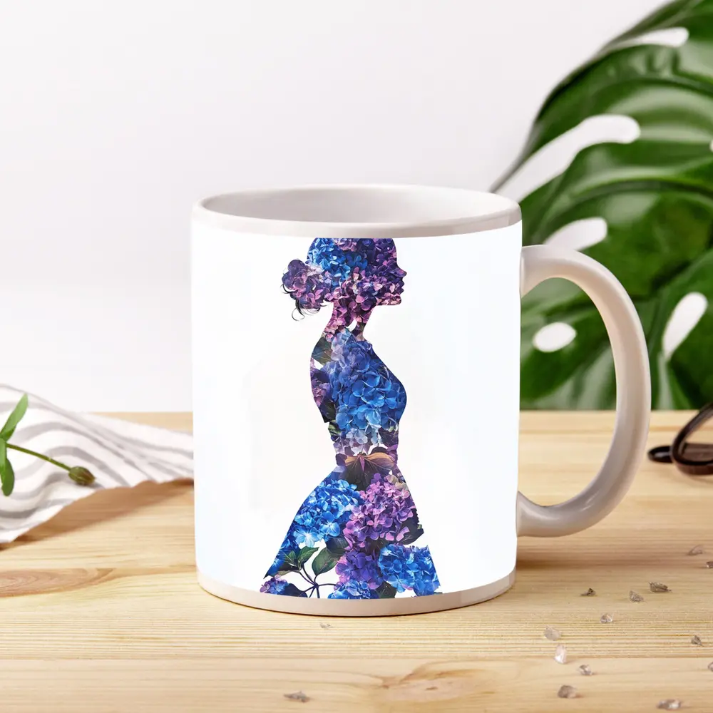 Woman Silhouette Filled With Blue Hydrangeas – Mugs