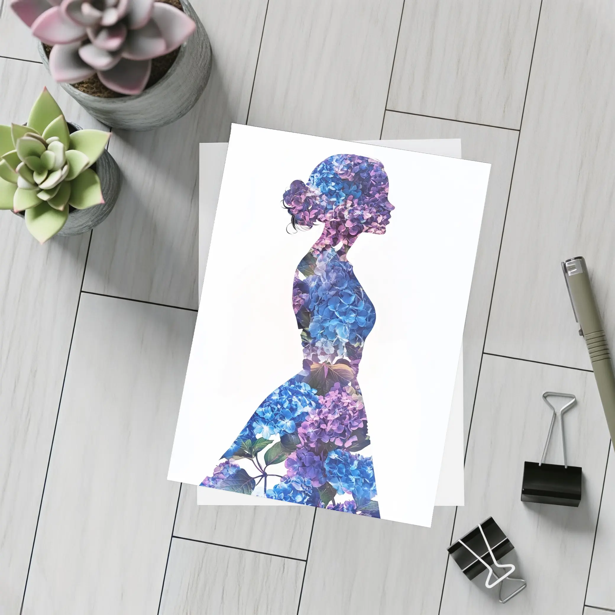 Woman Silhouette Filled With Blue Hydrangeas – Postcards