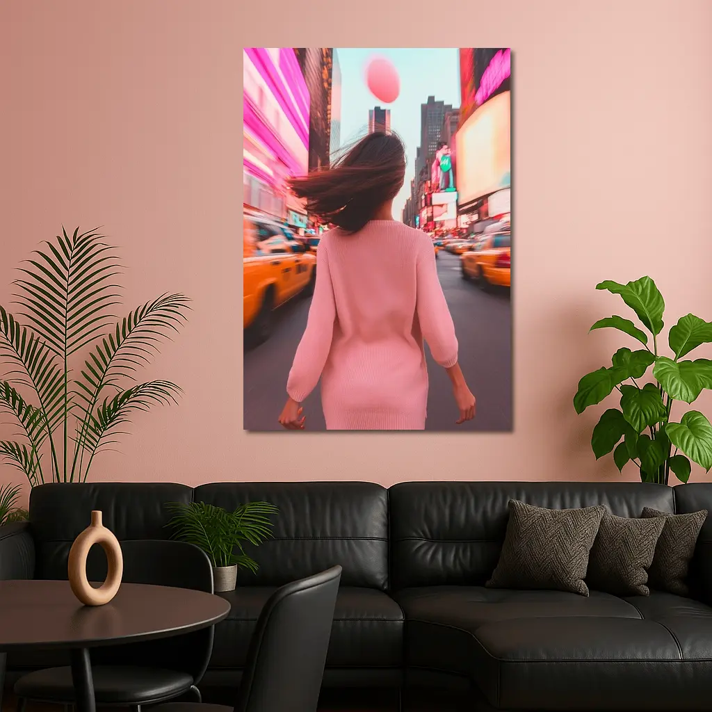 Woman Walking Pink Neon New York City – Wall Art