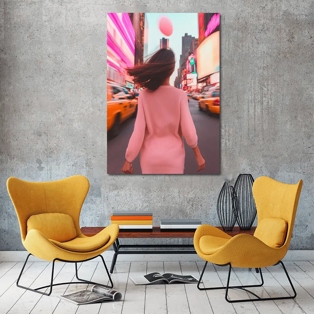 Woman Walking Pink Neon New York City – Wall Art