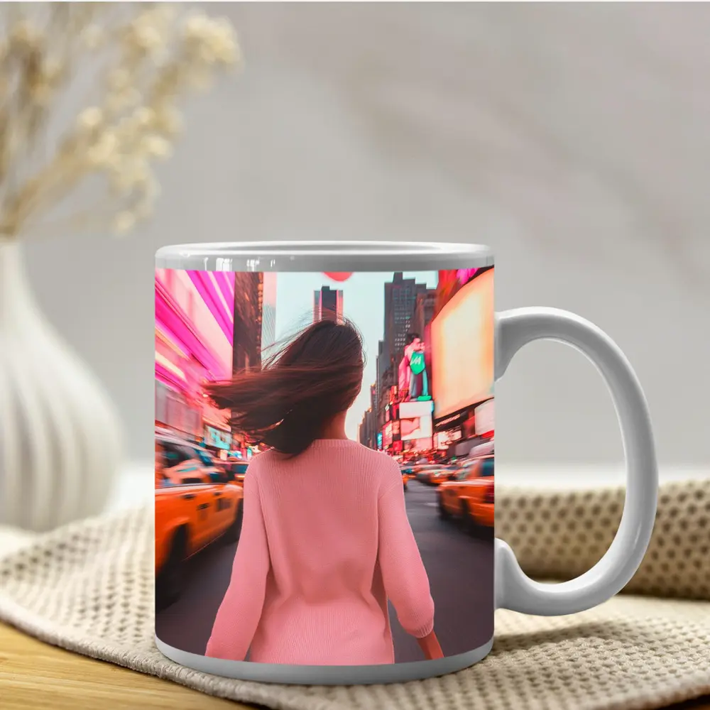 Woman Walking Pink Neon New York City – Mugs