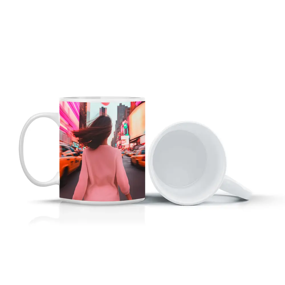 Woman Walking Pink Neon New York City – Mugs