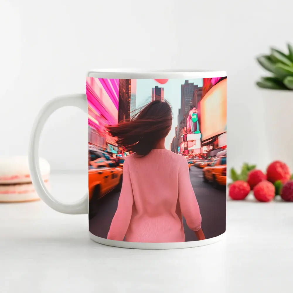 Woman Walking Pink Neon New York City – Mugs