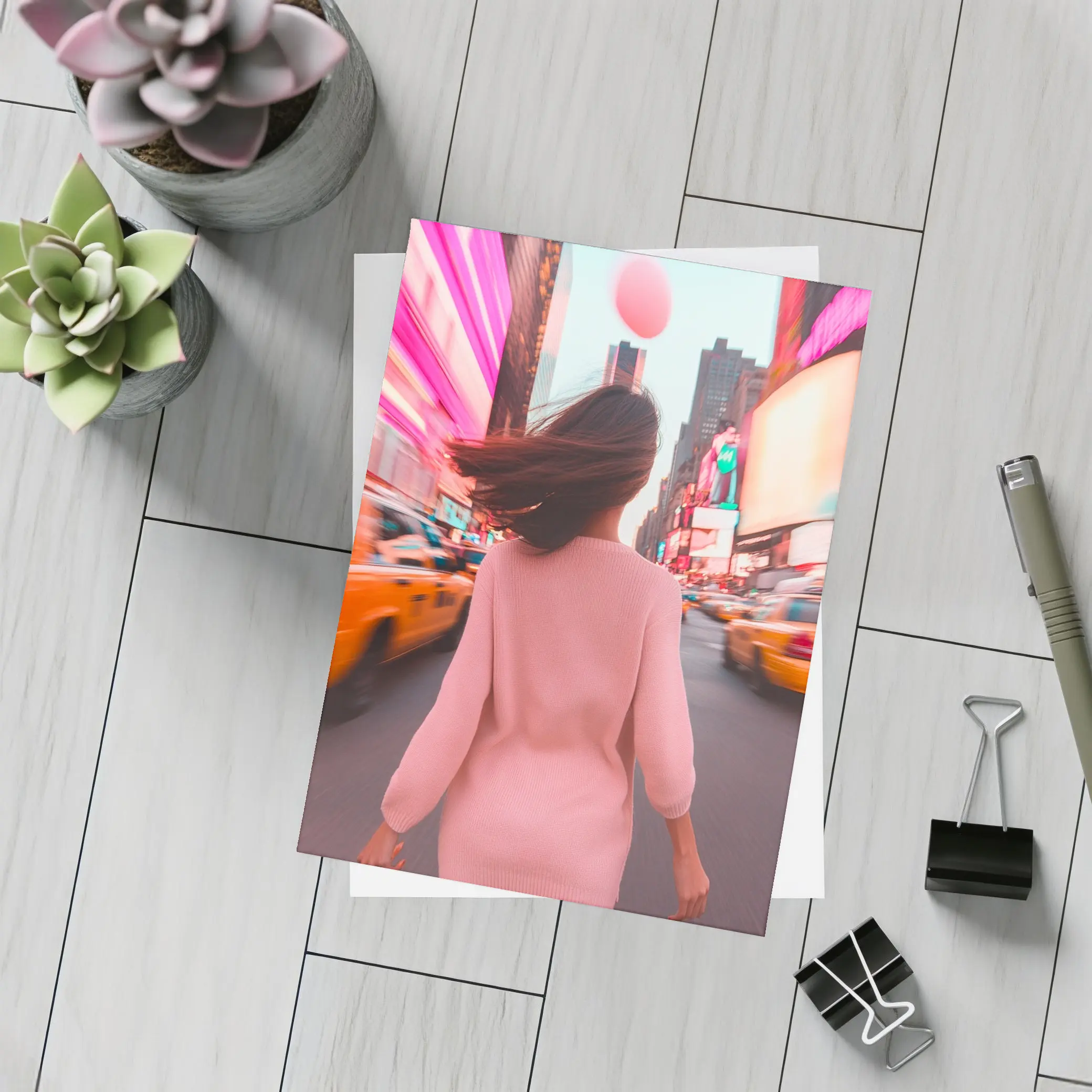 Woman Walking Pink Neon New York City – Postcards