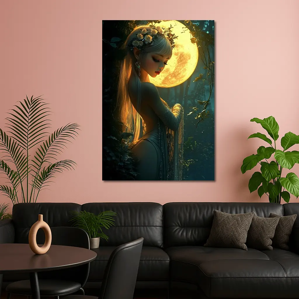 Fantasy Forest Goddess Glowing Full Moon – Wall Art