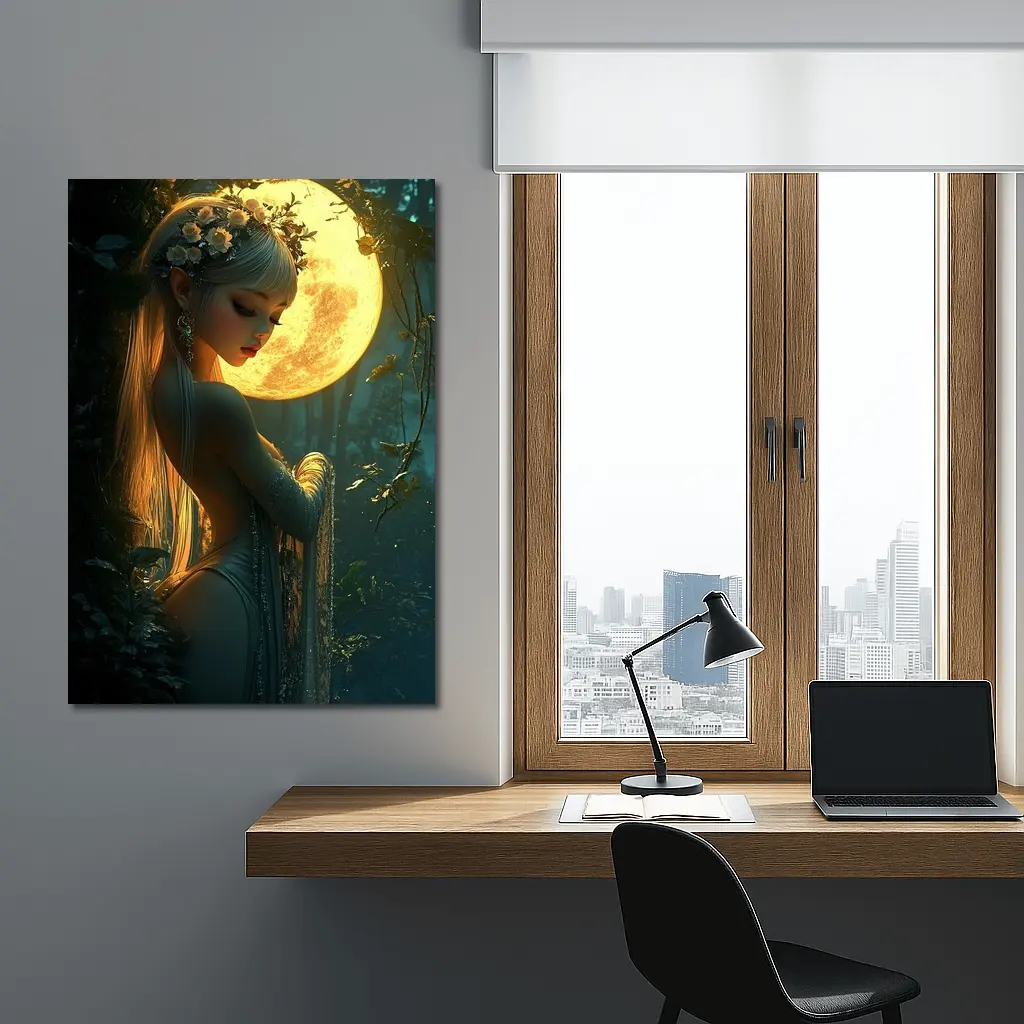 Fantasy Forest Goddess Glowing Full Moon – Wall Art