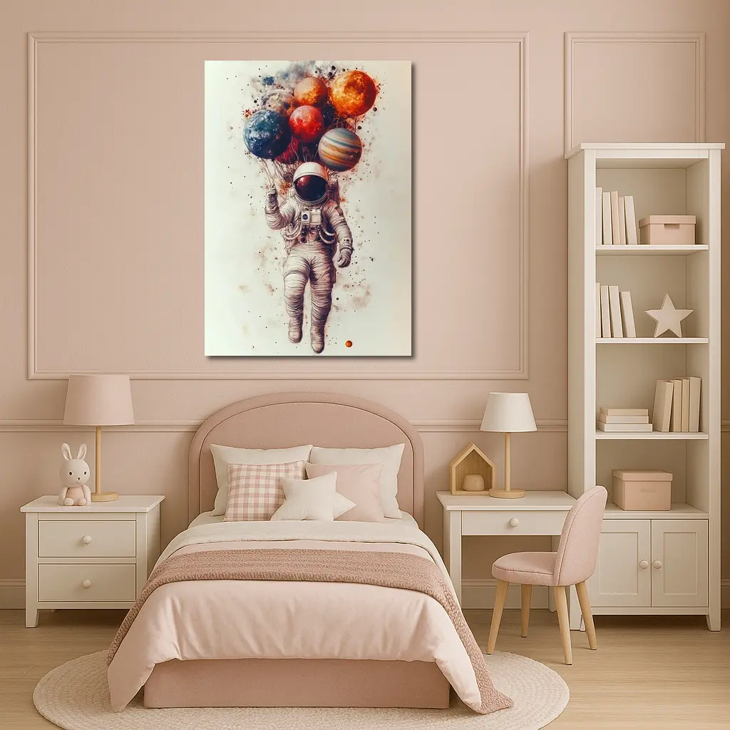 Astronaut Floating With Planet Balloons Art – Wall Art