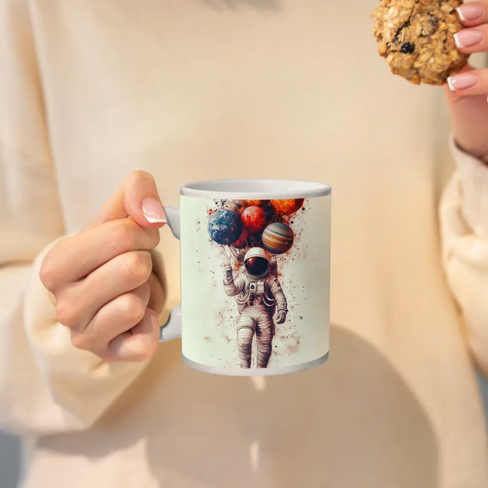 Astronaut Floating With Planet Balloons Art – Mugs