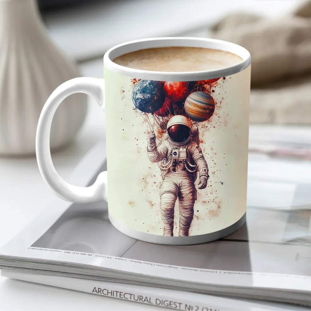 Astronaut Floating With Planet Balloons Art – Mugs