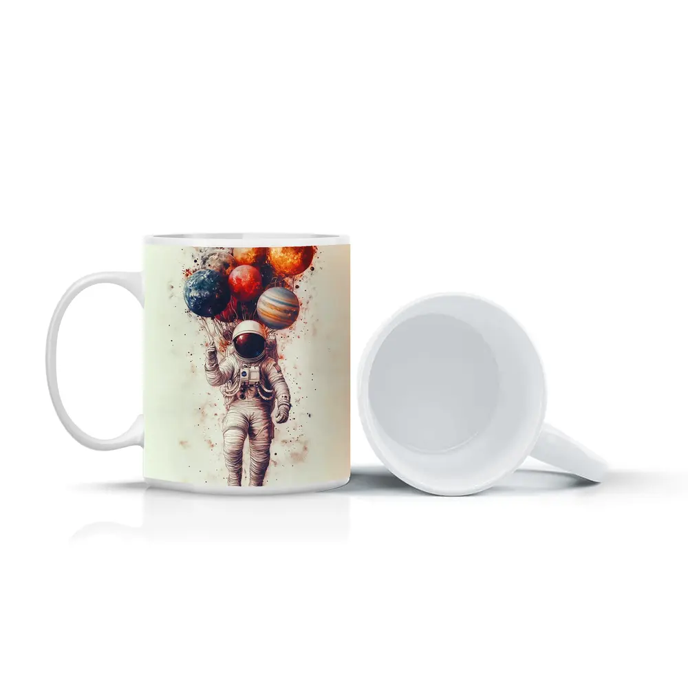 Astronaut Floating With Planet Balloons Art – Mugs
