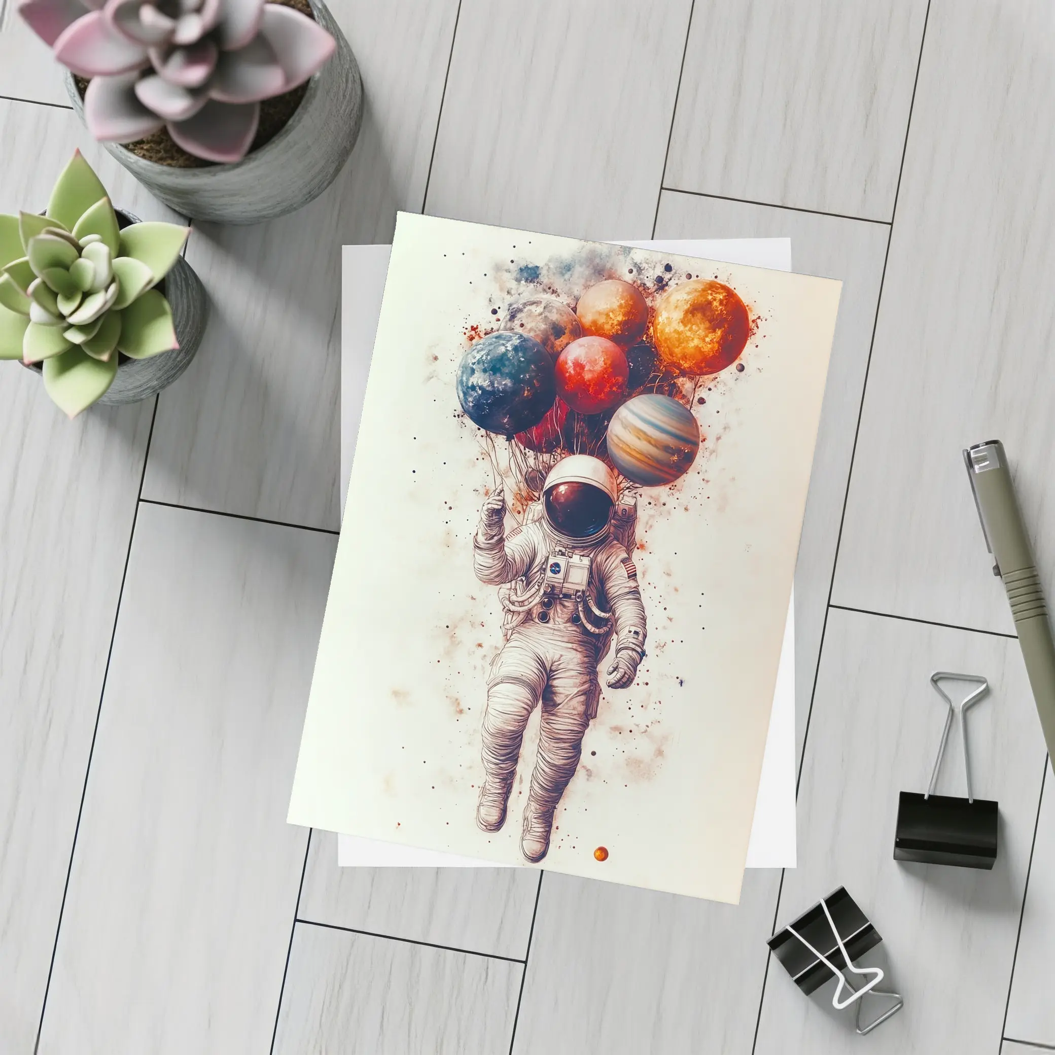 Astronaut Floating With Planet Balloons Art – Postcards
