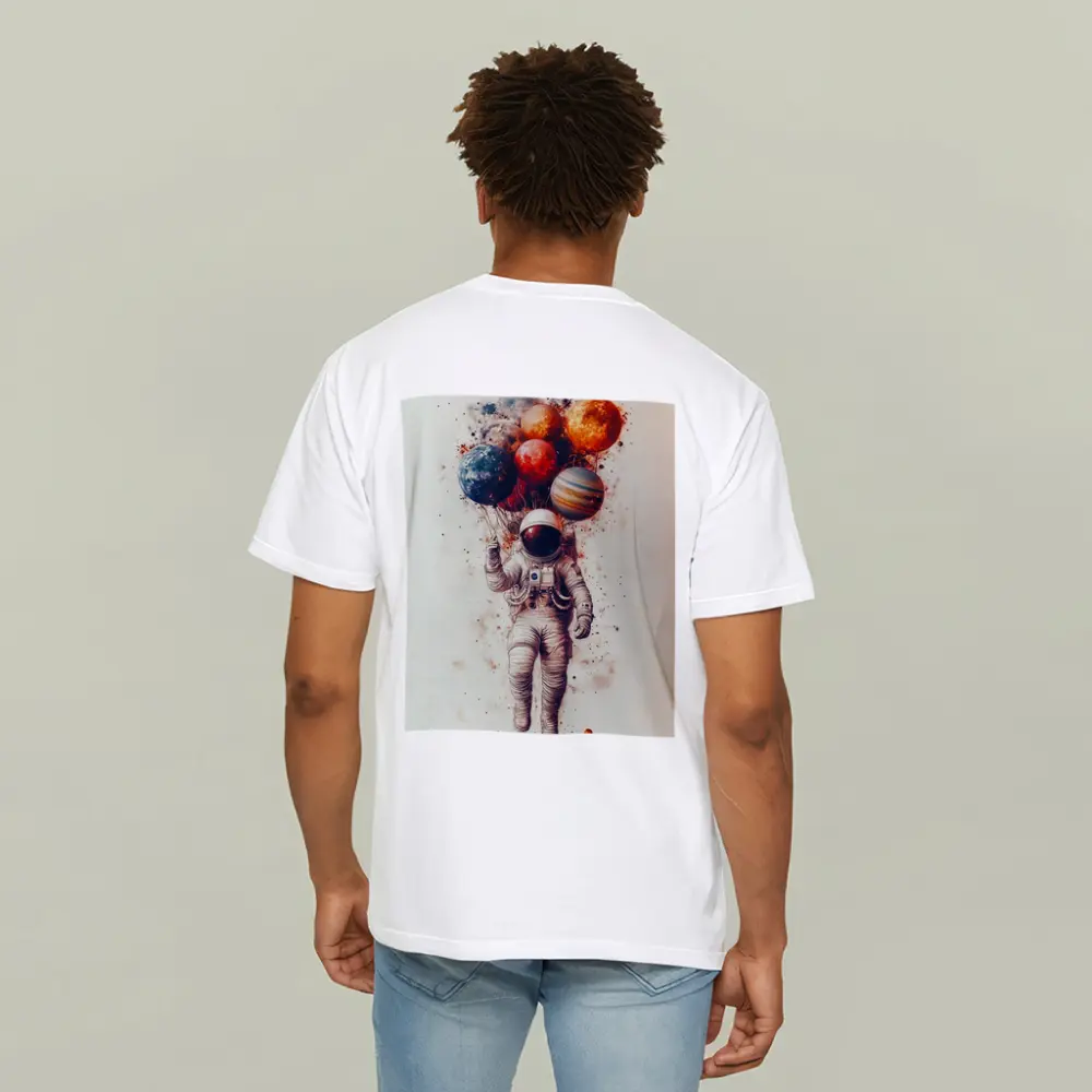 Astronaut Floating With Planet Balloons Art – T-Shirts