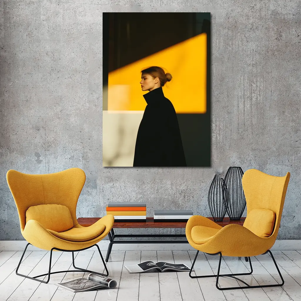 Woman Black Turtleneck Yellow Light Minimalist Portrait – Wall Art