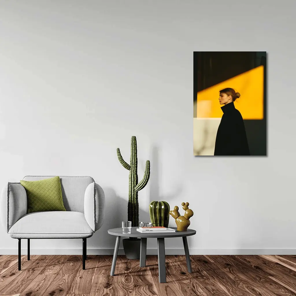 Woman Black Turtleneck Yellow Light Minimalist Portrait – Wall Art