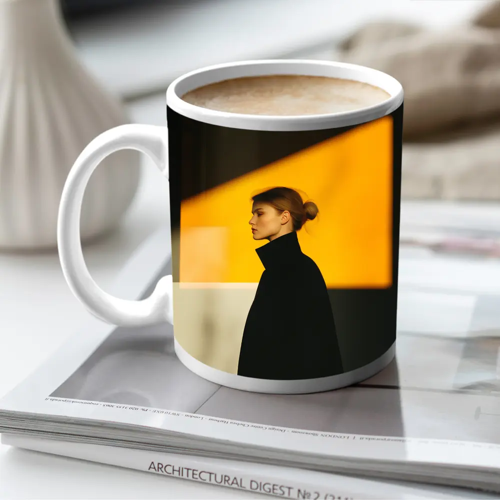 Woman Black Turtleneck Yellow Light Minimalist Portrait – Mugs