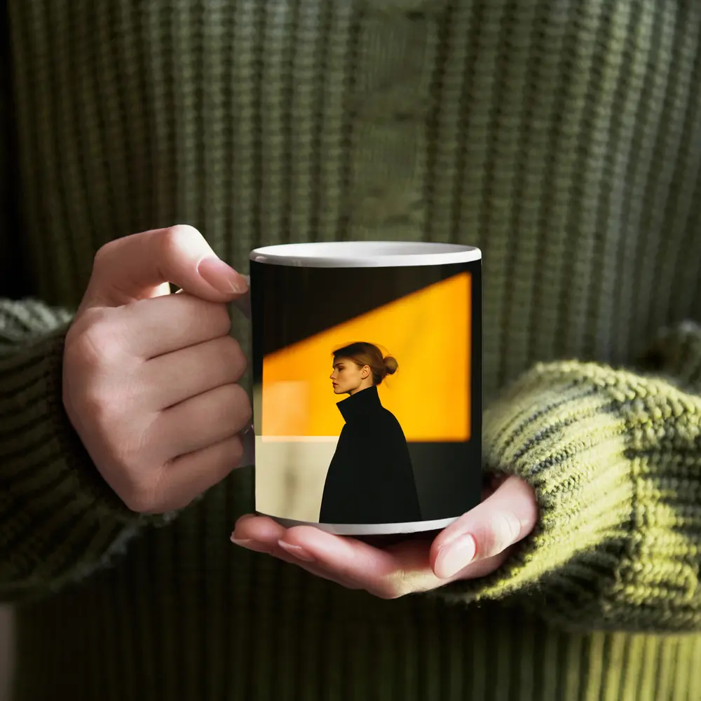 Woman Black Turtleneck Yellow Light Minimalist Portrait – Mugs