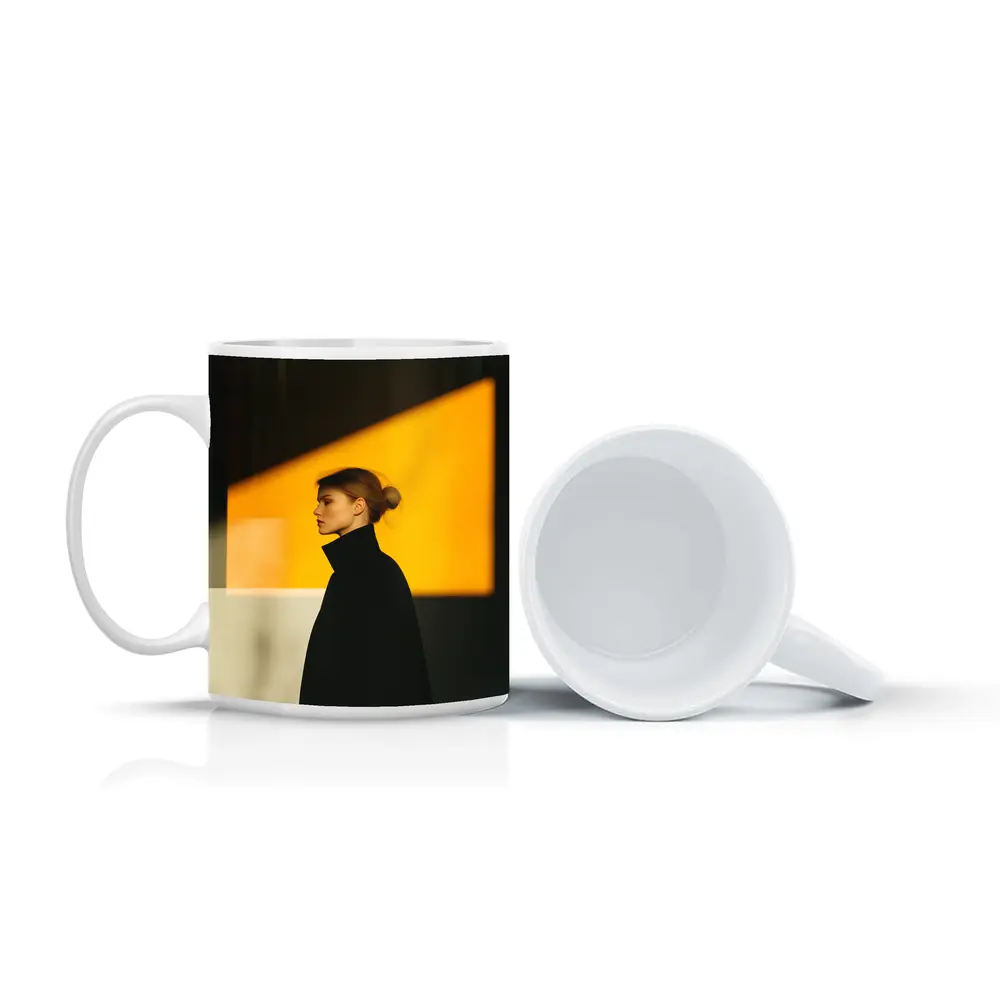 Woman Black Turtleneck Yellow Light Minimalist Portrait – Mugs