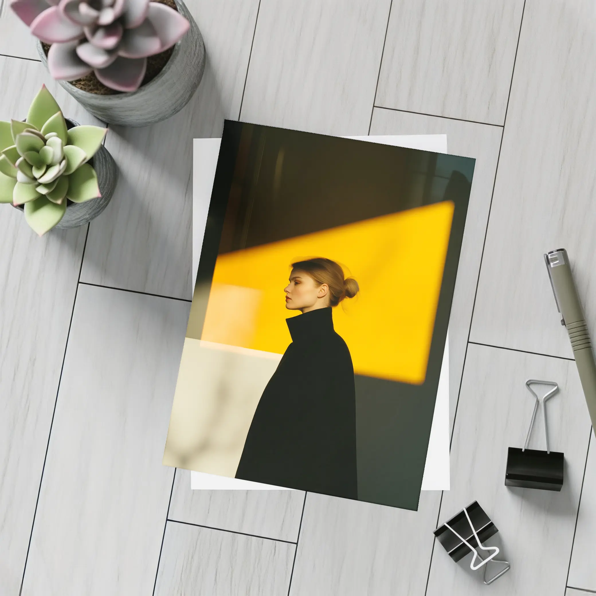 Woman Black Turtleneck Yellow Light Minimalist Portrait – Postcards