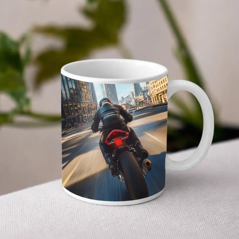 Sport Bike Rider Speeding Through City Streets – Mugs
