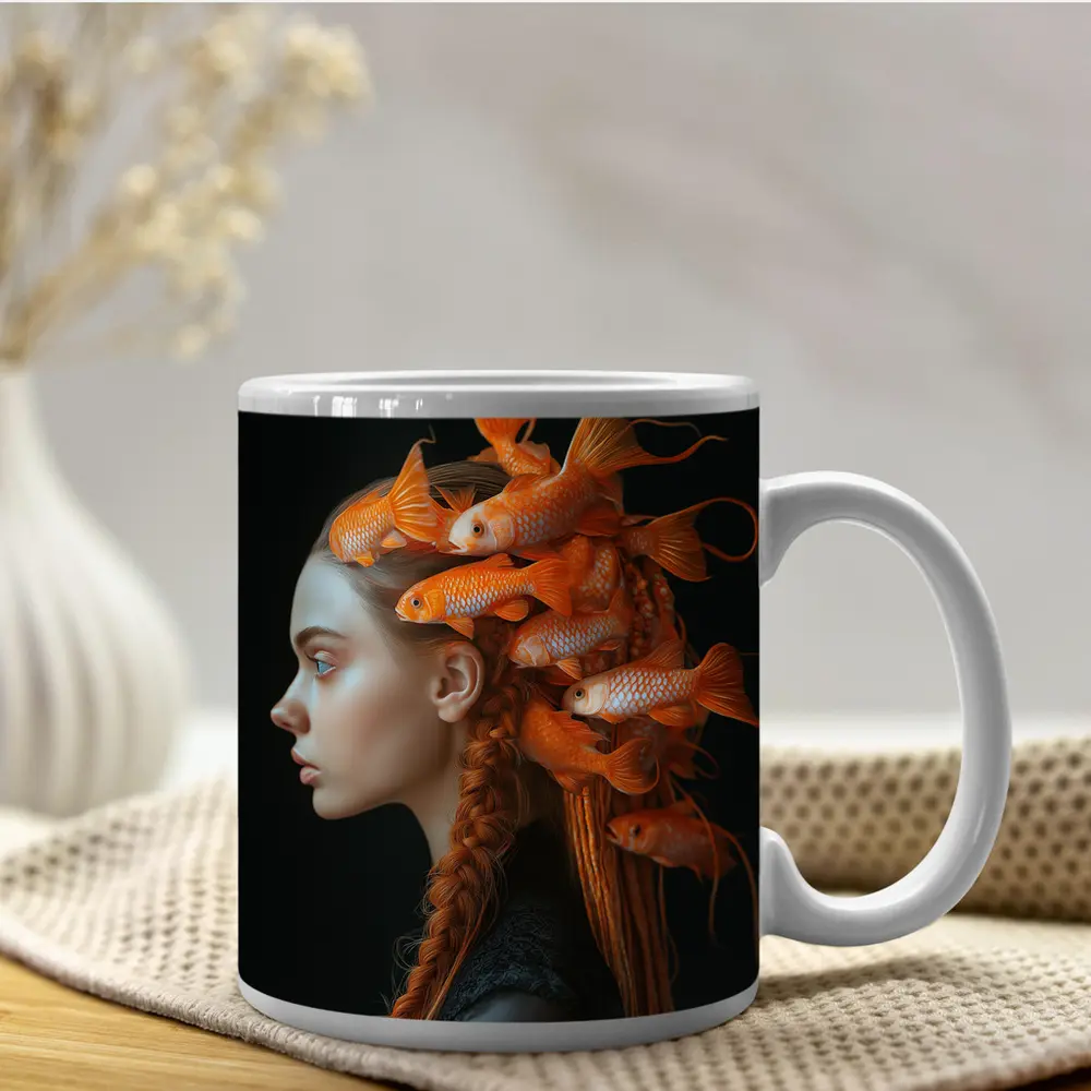 Woman Portrait Goldfish Hair Surreal Dark – Mugs