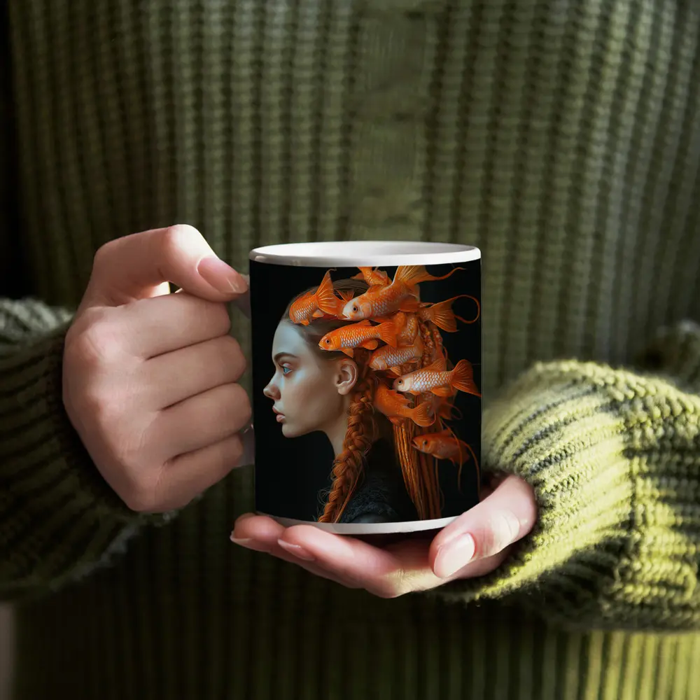 Woman Portrait Goldfish Hair Surreal Dark – Mugs
