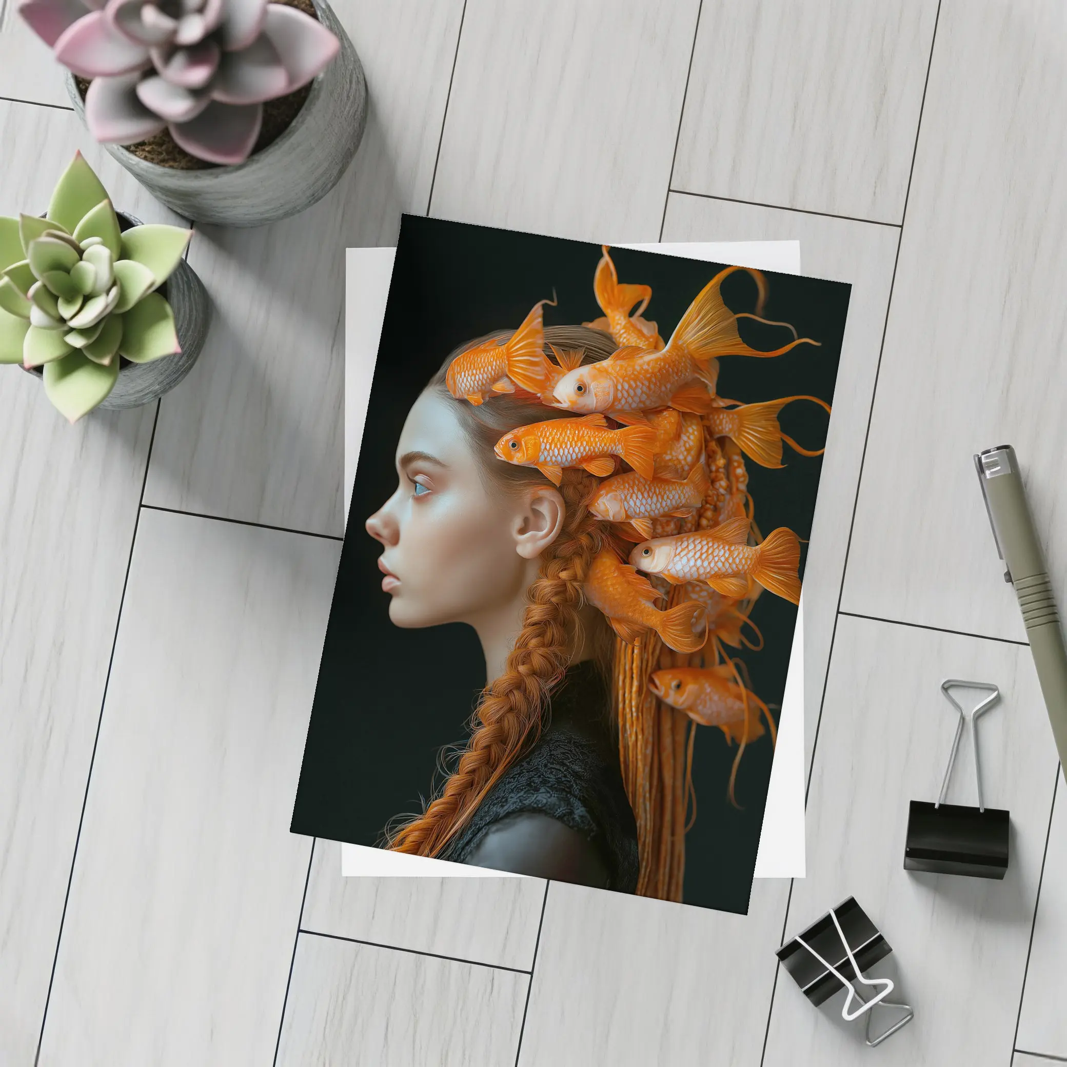 Woman Portrait Goldfish Hair Surreal Dark – Postcards