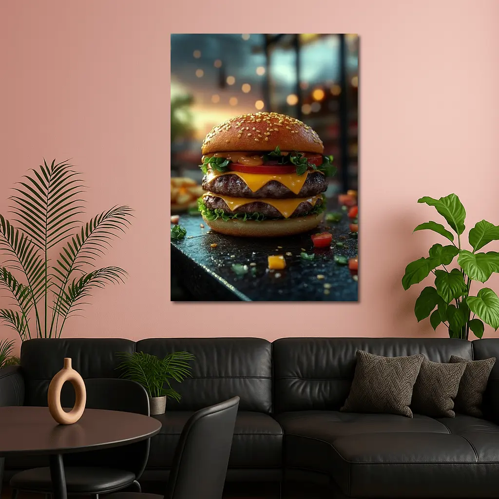 Double Cheeseburger Glowing Restaurant Background – Wall Art