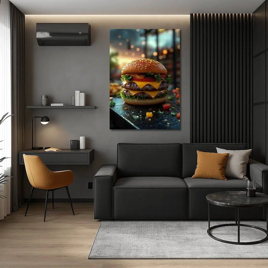 Double Cheeseburger Glowing Restaurant Background – Wall Art